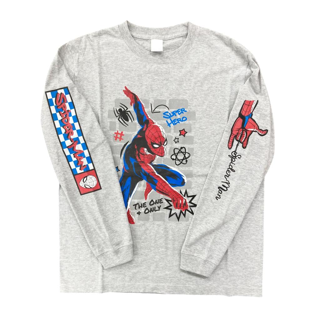 Small Planet Marvel Sleeve Print Long Sleeve T-Shirt Spider-Man/HERO, Size L, Ash