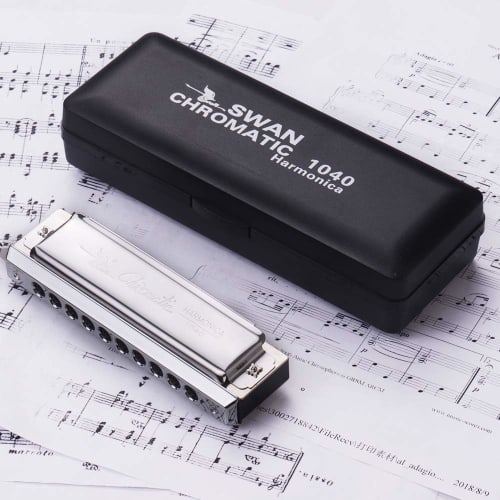 Swan Chromatic Harmonica, 10-Hole, 40-Note, Key of C, Silver, with Exquisite Box