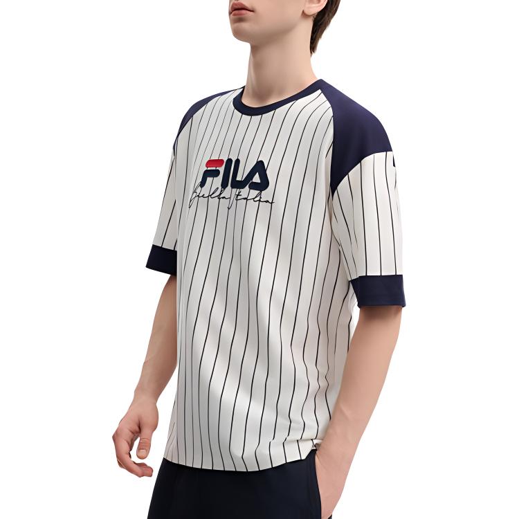 Fila Оригинальная американская футболка с цветными блоками, дышащая, в полоску, с принтом логотипа, приталенная, с коротким рукавом, мужская, топы, облачно-белая F11M439111F-WT