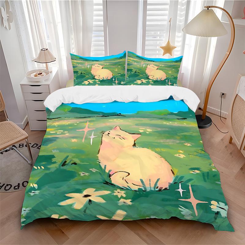 3pcs Cat Garden print bedding quilt cover, soft and comfortable quilt cover suitable for bedroom and guest room173