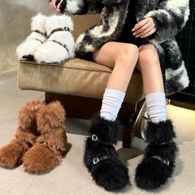 Осень-зима 2025 года, сноубутсы на плоской подошве, с внутренней высотой, на толстой подошве, ботильоны на высоком каблуке, женские короткие ботинки, пушистые ботинки, с ремешком и пряжкой, флисовая подкладка, теплые