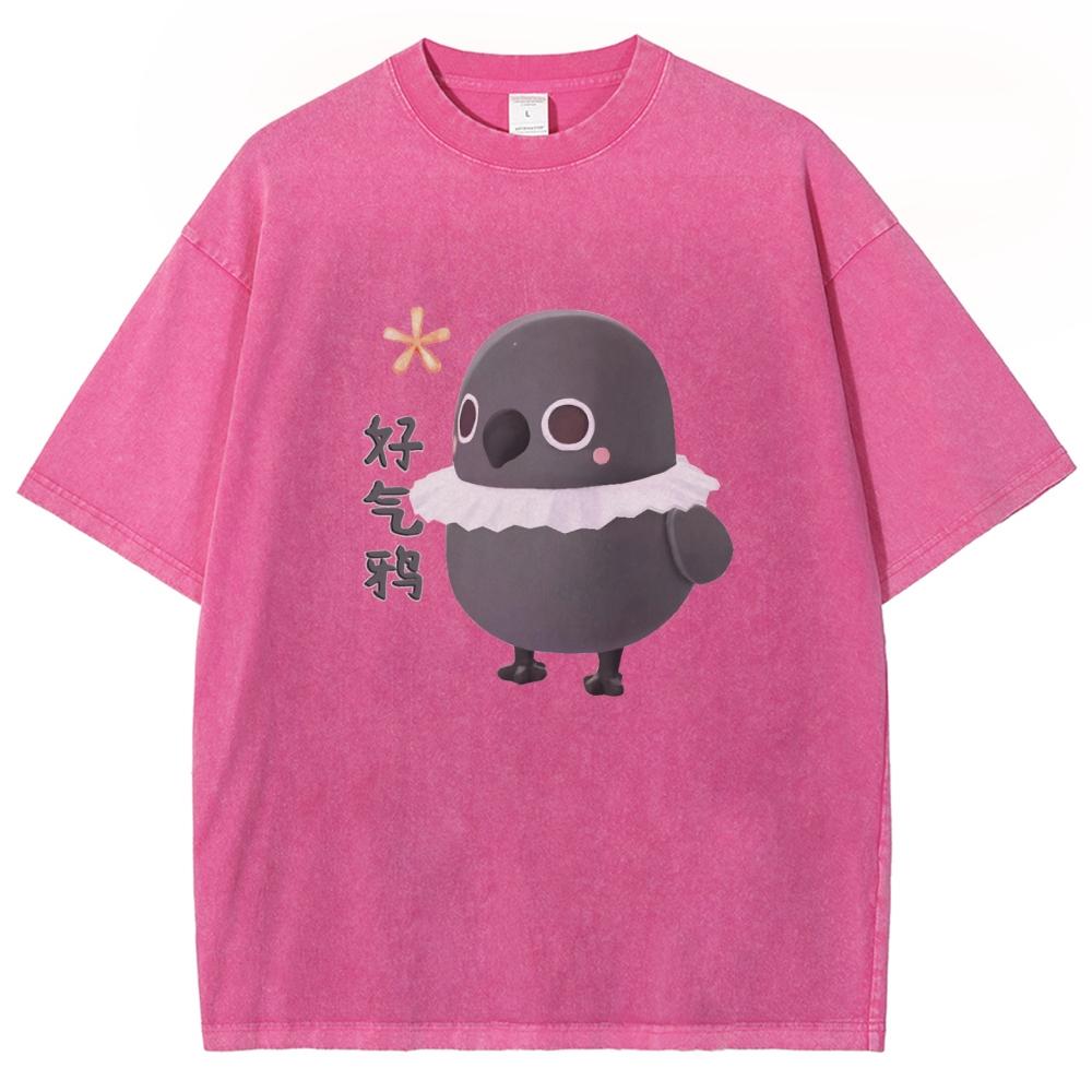 Cute Casual Style Cartoon Black Chick Print Ladies T-Shirt Loose Wash Cotton Short Sleeve Fashion Design Top