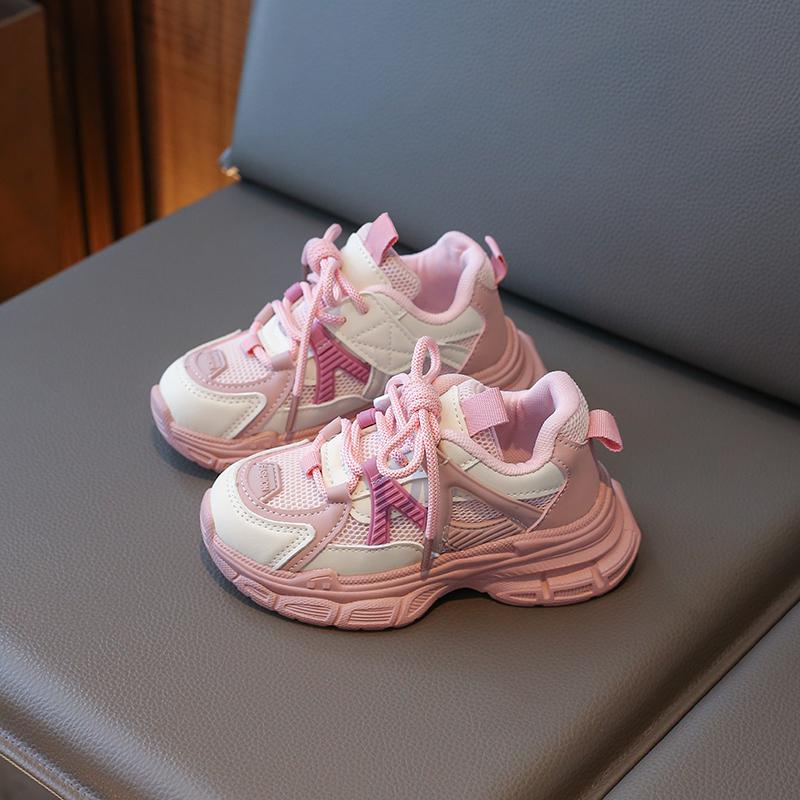 2024 Новые детские универсальные мягкие кроссовки для девочек, сетчатые, на шнуровке, в корейском стиле, мягкие, нескользящие, детская спортивная обувь с круглым носком