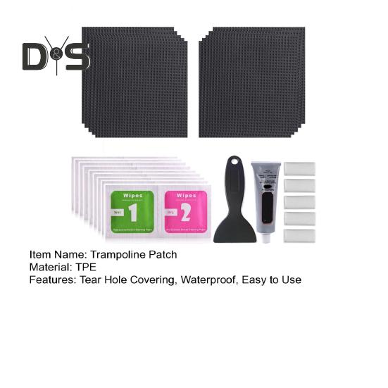 1 комплект для ремонта батута с квадратной заплаткой, скребком, клеем, перчатками для протирки, водонепроницаемой самоклеящейся заплаткой для закрытия дырок на батуте
