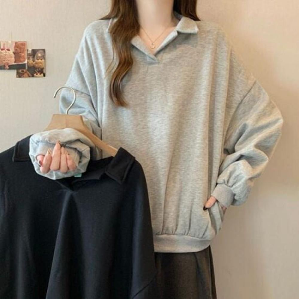 Navava Women Basic Loose Fit Collar Long Sleeve Sweatshirt Nt3063
