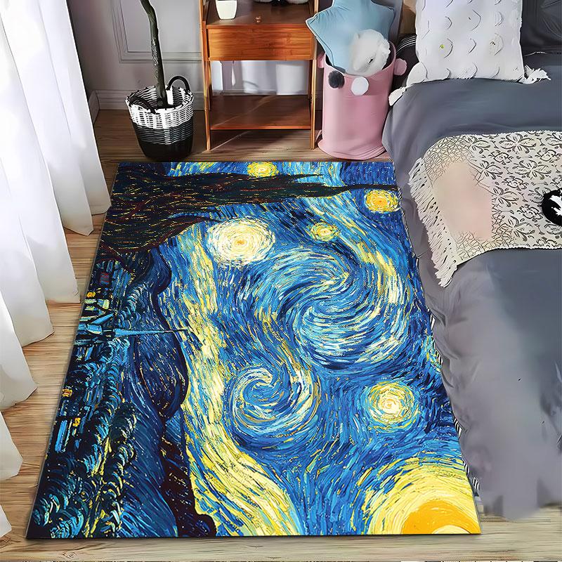 Starry Night-Inspired Art Rug suitable as a non-slip mat for the living room or bedroom sofa