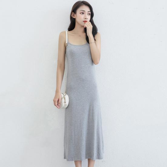 Summer Sundress Skeeveless Loose Solid Color Stretch Backless Round Neck A-line Inner Wear Outerwear Midi Dress Daily Slip Dress