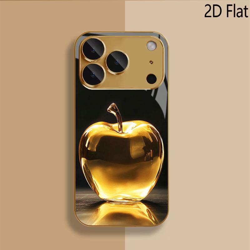 Дизайн чехла для iPhone16 17 ProMax 1514 1312 11ProMax из закаленного стекла с узором «Золотое яблоко». Защитная крышка камеры. Ударопрочный жесткий B