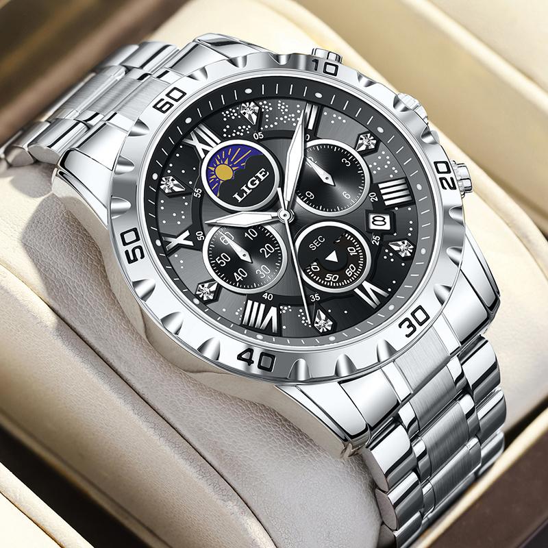 LIGE Top Brand Luxury Watches Men Fashion Multifunction Quartz Wristwatches 30M Waterproof Luminous Steel Mens Watch Reloj