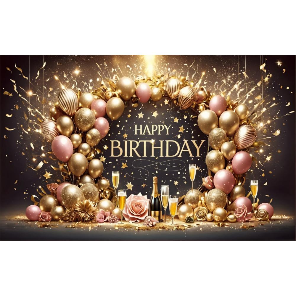 1Pc Happy Birthday Black Gold Balloon Background Wall Photography Mural Wallpaper Suitable for Family Birthday Party Decoration