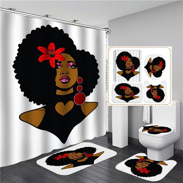 Элегантный черный афроамериканский женский комплект занавесок для душа с принтом, 4 шт., полный комплект, водонепроницаемые шторы для ванной комнаты, противоскользящие коврики для ванной, ковры, коврики