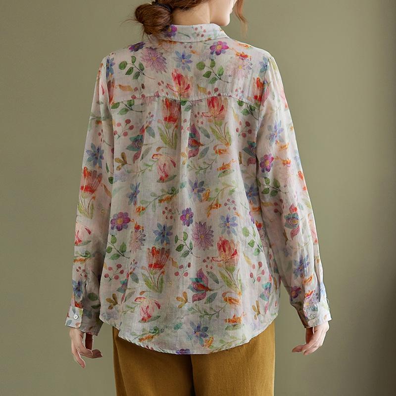 Spring Cotton and Linen Retro Loose Long Sleeved Collared Shirt Top for Women