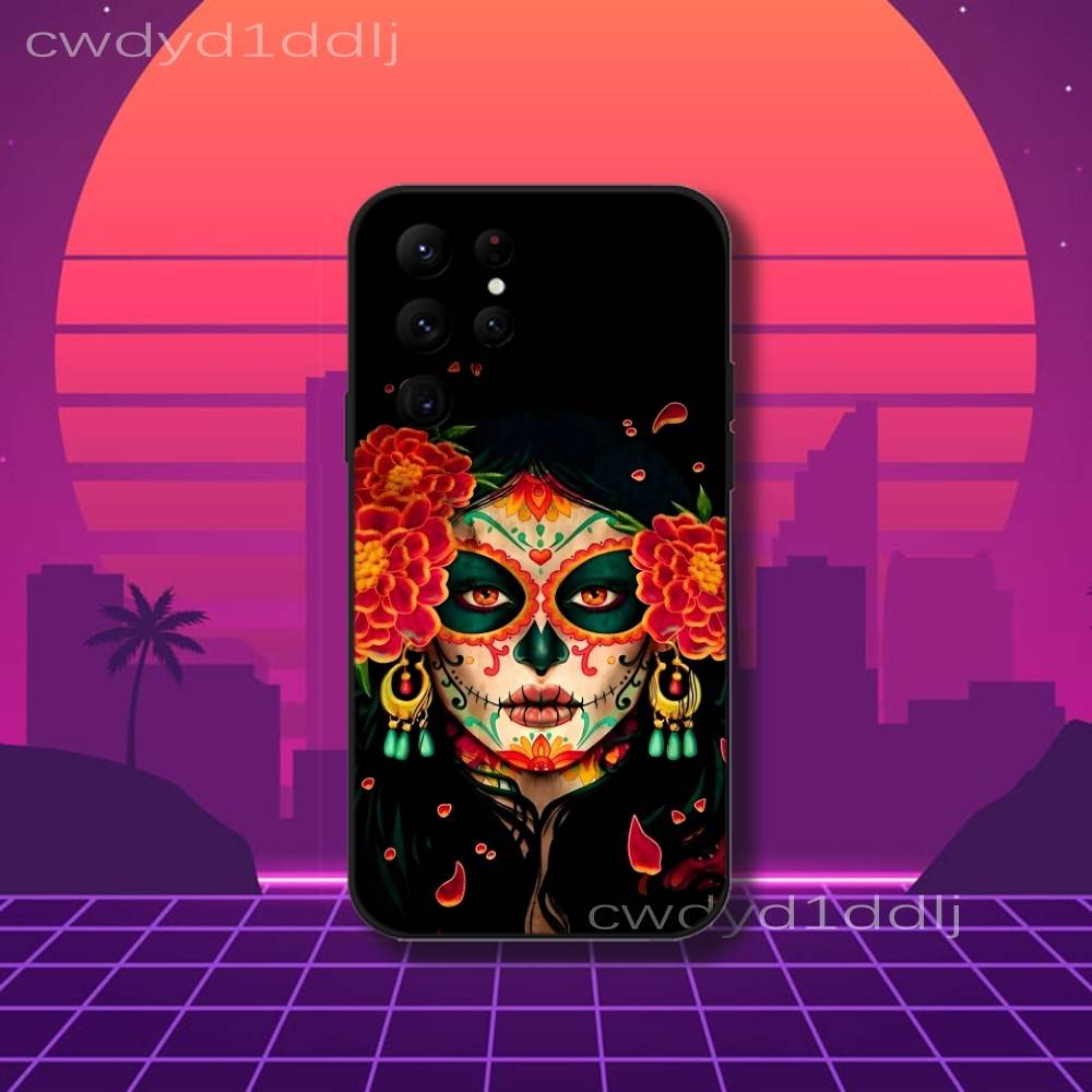 Mexican Catrina Skull Girls Phone Case For Samsung S10,S21,FE,S21 ,S26,S25,S24,S23,Ultra,S9,S22,Plus Black Shockproof Silicone