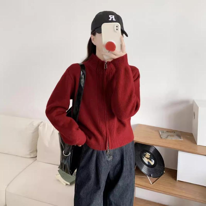 Вязаный кардиган на молнии со стойкой воротником, женский осенне-зимний, с чувством дизайна, с круглым вырезом, свободный, универсальный, короткий, повседневный свитер-куртка