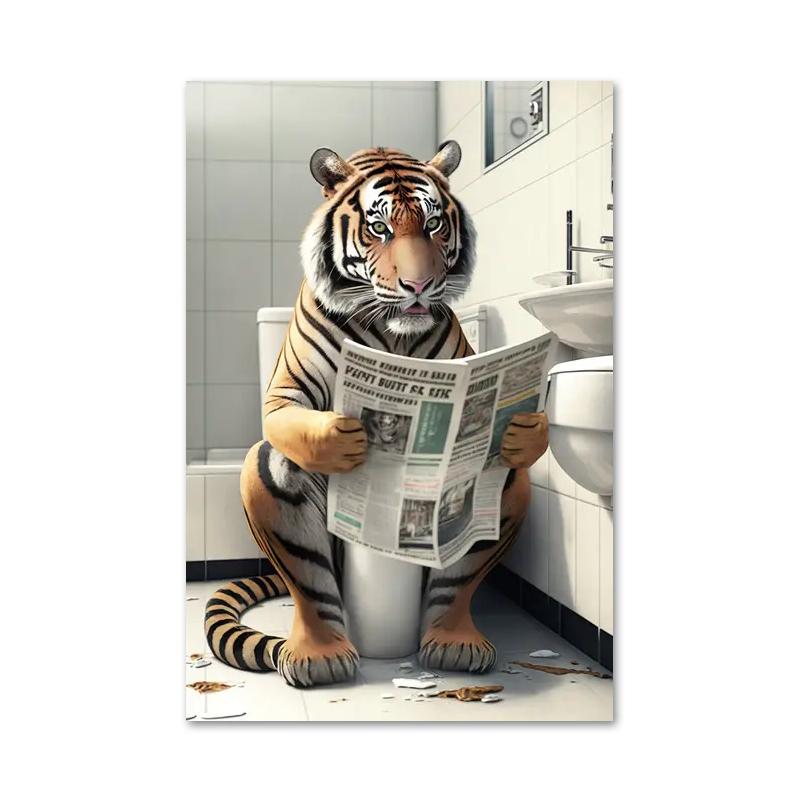 Смешная ванная комната юмористическое животное медведь собака тигр сидит на унитазе читает газету холст картины постеры и принты настенное искусство