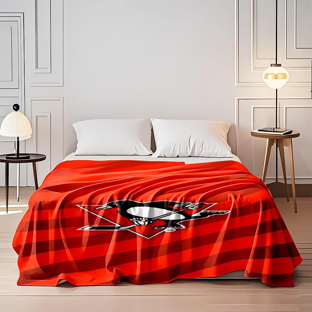 Penguin Hockey Emblem on Red print blanket soft and cozy perfect for the living room bed sofa or a nap,gift