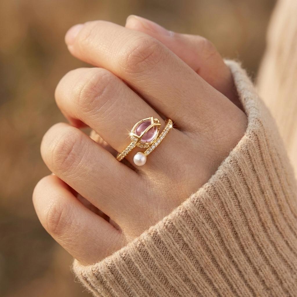Elegant Tulip Flower Imitation Pearl Rings for Women Light Luxury Inlaid Cubic Zirconia Finger Ring Wedding Party Charm Zircon