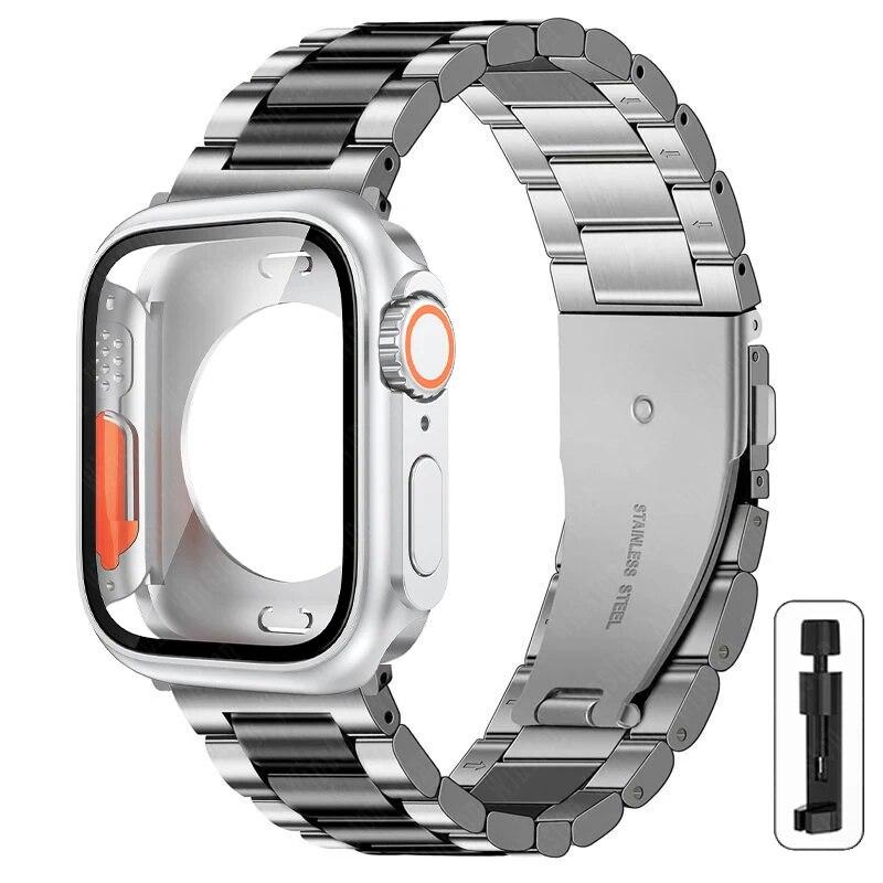 Ремешок+корпус из нержавеющей стали для Apple Watch 44мм 45мм 41мм 40мм Улучшенный ТПУ корпус Iwatch Series 9 8 7 6 SE 5 4 Металлический браслет