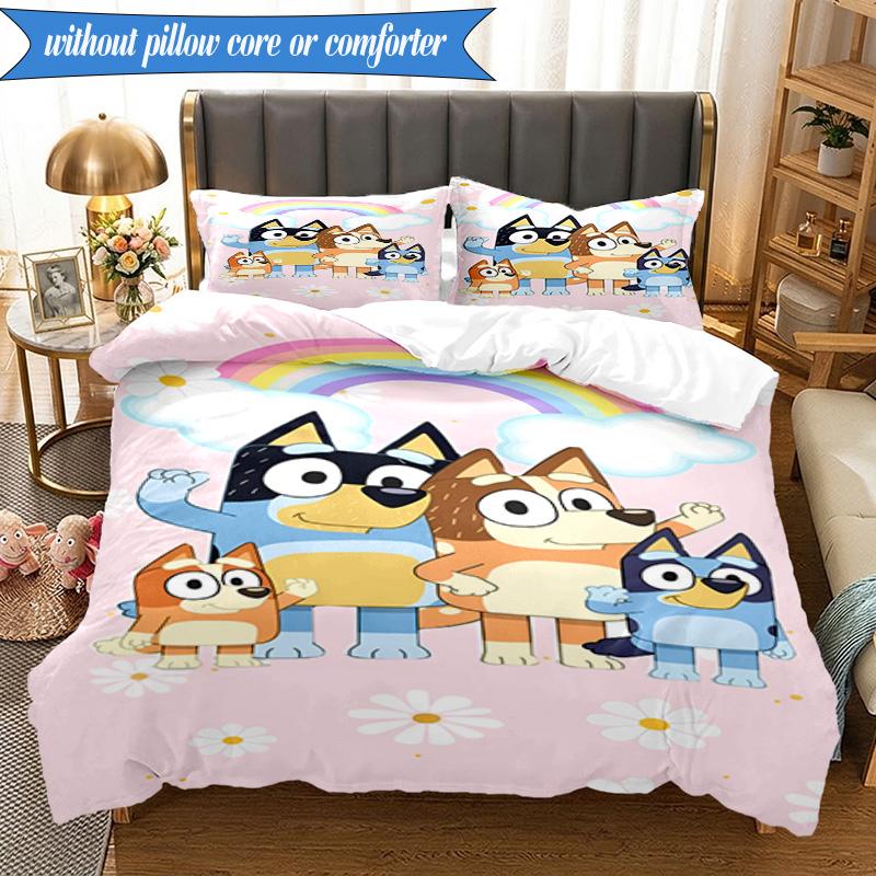3PCS Bluey Friends Adventure Bedding Set 2D Printing (Includes 1 Duvet Cover + 2 Pillowcases Coreless), Bedroom decor,Fan gift