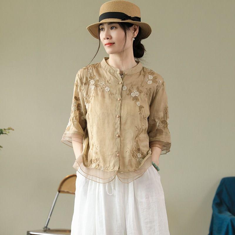Летний литературный и ретро вышитый хлопково-льняной топ, рукав семь четвертей, этнический стиль, рубашка с вставками, женственный темперамент