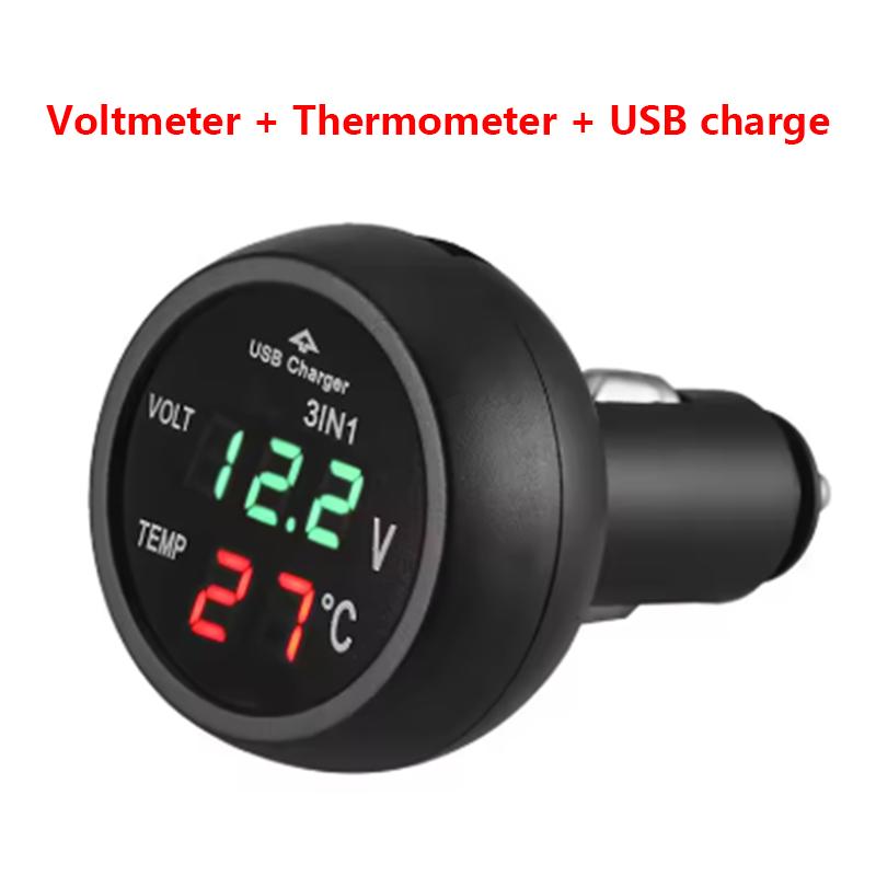 Автомобильное зарядное устройство 3-в-1 12/24 В Вольтметр Термометр USB-зарядка Переключатель Автоматический Светодиодный Цифровой Монитор Дисплей Амперметр Детектор напряжения