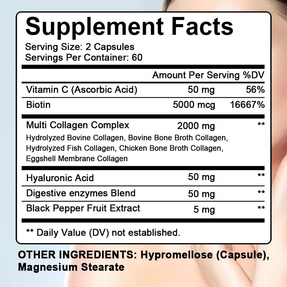 Multi Collagen Complex Capsules Type I II III V X with Vitamin C Biotin Hyaluronic Acid, 120 Capsules