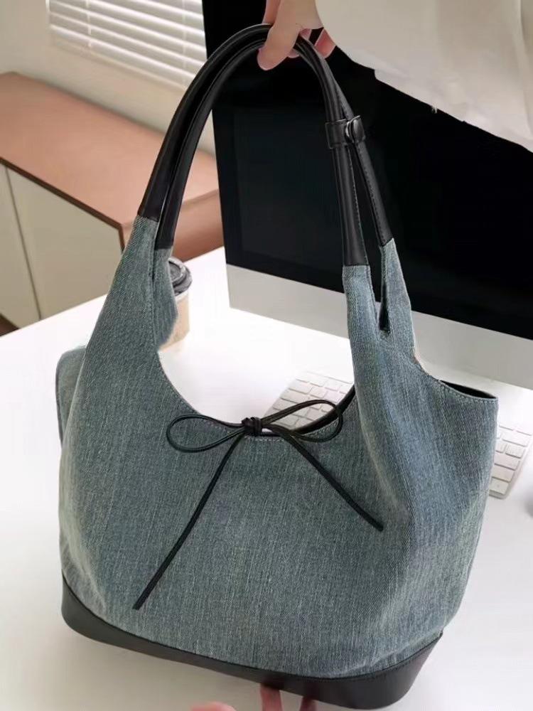 Корейская сумка-тоут на плечо из джинсовой парусины в стиле пэчворк - Повседневная, Вместительная, Ленивый стиль для женщин
