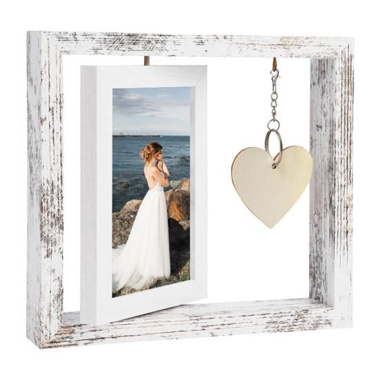 Вращающаяся деревянная фоторамка, двухсторонний держатель для фотографий с подвеской в виде сердца, настольная отдельно стоящая фоторамка