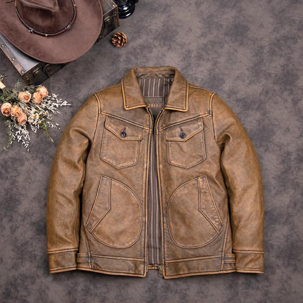Мужская кожаная куртка китайского размера из мягкой натуральной коровьей кожи, винтажная, весна-осень