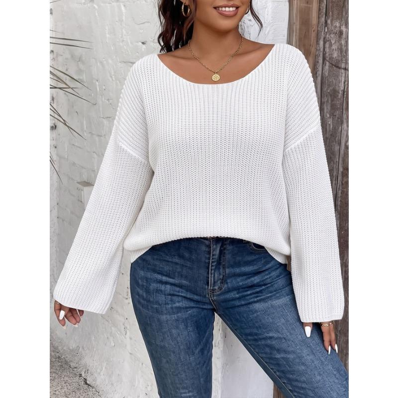 Plus Size Women S Pullover Sweater Off Shoulder Flare Sleeve Solid Color