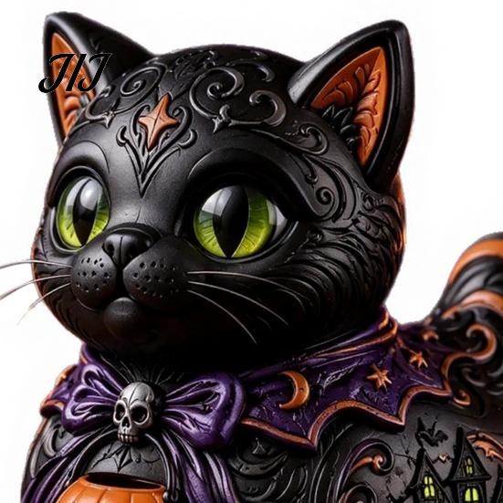 Halloween Duck Figurine Midnight Witches Cat Figurine, Spooky Black Statue Home Accents with Pumpkin Lantern, Decoration for Tabletop Office