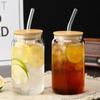 1/2/4pcs Glass Mug with Wooden Lid Straw Juice Drink Beer Coffee Mug Milk Mocha Transparent Water Cup Breakfast Cup Drinkware