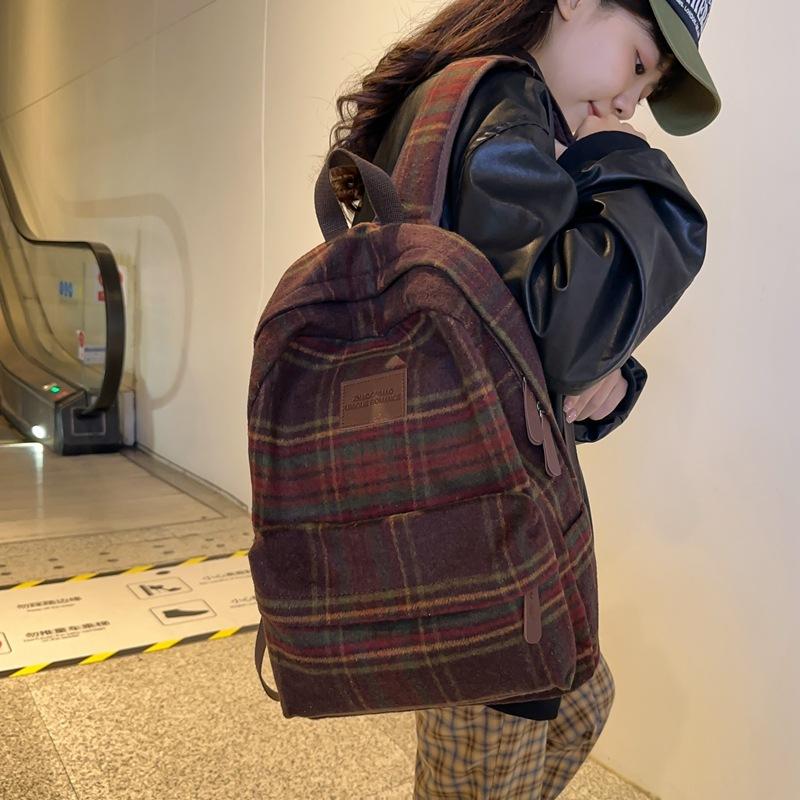 Осенний и зимний шерстяной клетчатый школьный рюкзак для студенток