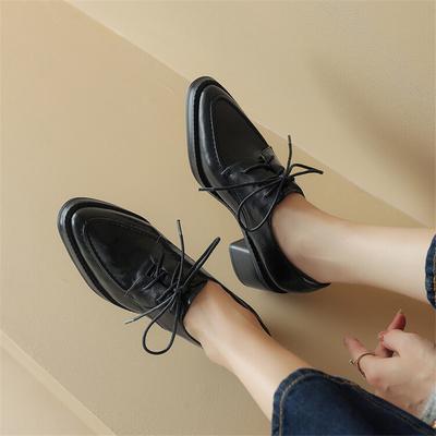 Мода Новые Весенние Плиссированные Лоферы из Коровьей Кожи Женская Обувь Массивный Каблук Острый Носок Туфли на Высоком Каблуке для Женщин Кружево Женские Туфли-Лодочки Zaptos Mujer