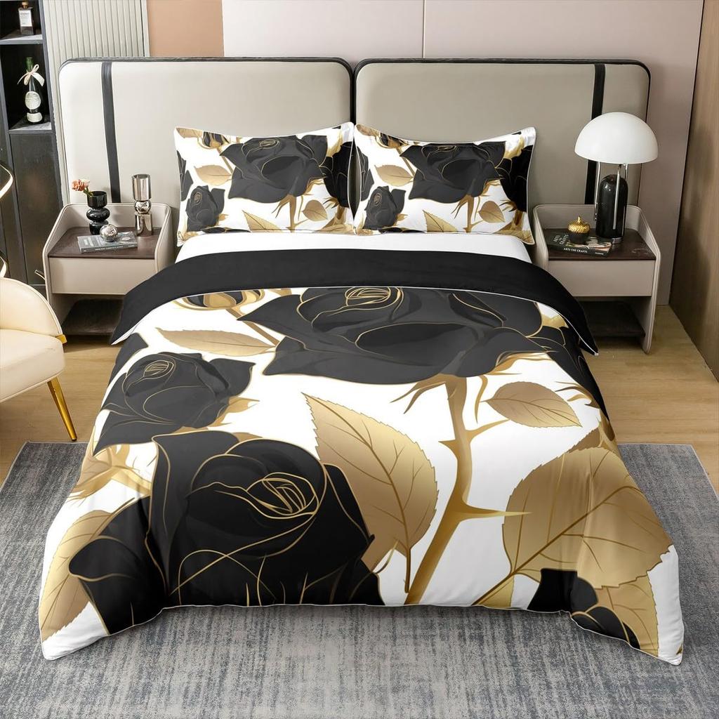 Роскошный золотистый цветочный комплект пододеяльника Черный золотистый декор листьев растений Покрывало Модный комплект постельного белья с растительным принтом на молнии