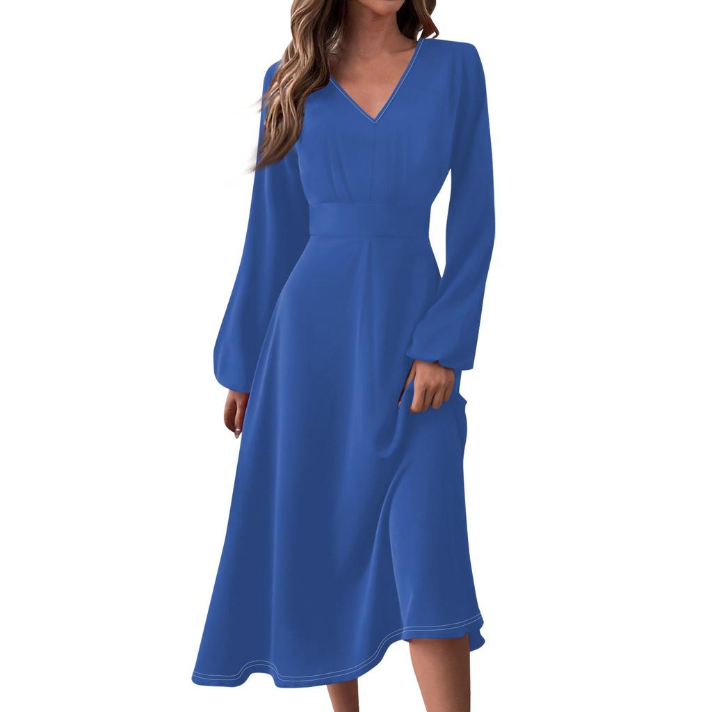 Women's Autumn And Winter Casual Fashion V-neck Long Sleeve Solid Color Long Dress