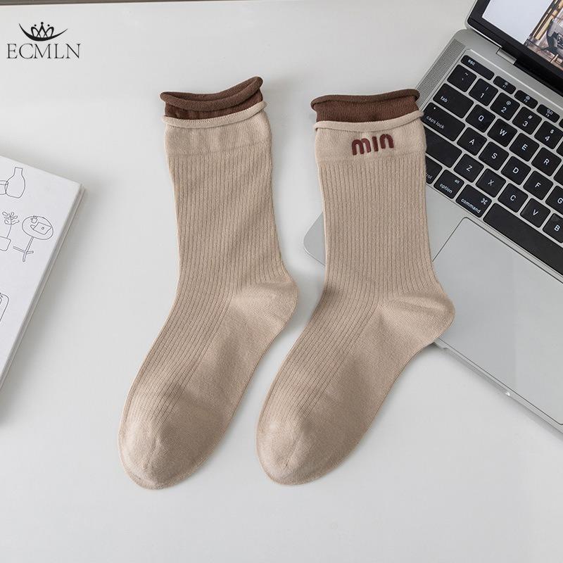 Ангоровые красные женские носки, модные носки средней длины с буквами, женские носки с цветными блоками и загнутыми краями