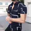 Летняя мужская рубашка с геометрическим принтом, однобортная, с короткими рукавами, приталенный топ, отложной воротник, средняя длина, контрастного цвета
