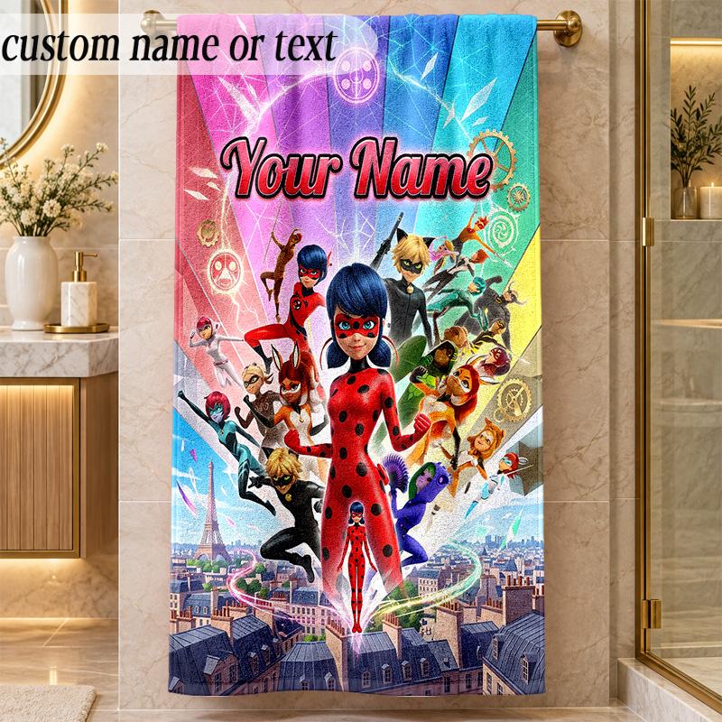 Beach TowelMiraculous Ladybug Custom Name Text Personalized Soft Towel for Beach Pool Indoor Home Decor Gift