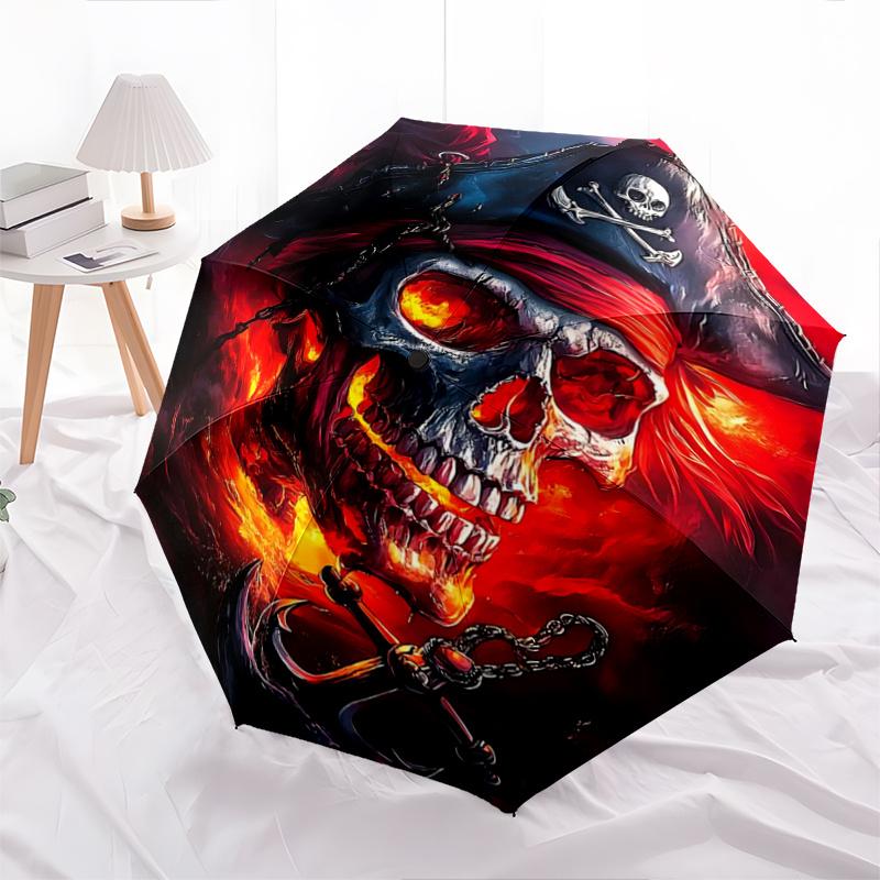 1pc A Fiery Pirate's Curse Fully Automatic Folding Portable Umbrella, 8 Iron Frames, Three-Fold Design, Suitable for All Seasons, Suitable for Ou
