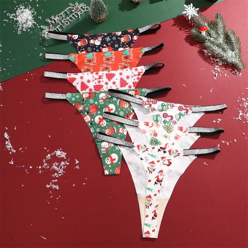 Christmas Underwear FINETOO Ice Silk Panties for Women Seamless G-string Christmas Festival Underwear XS-XL