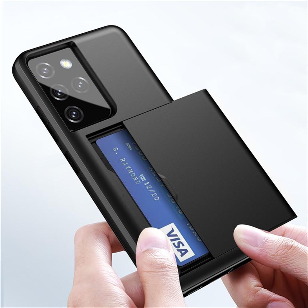 AMORUS For Samsung Galaxy S21 Ultra 5G Case with Sliding Card Holder PC TPU Phone Back Cover