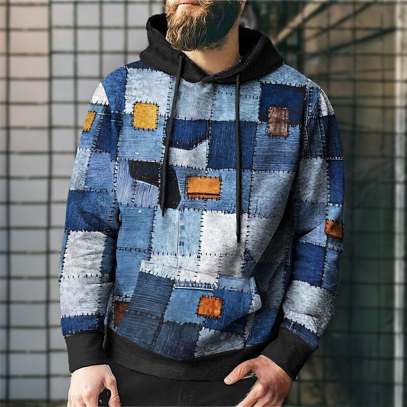 Модные худи и свитшоты (Мужской) Мужская одежда больших размеров, Осенне-зимняя клетчатая ретро толстовка с капюшоном