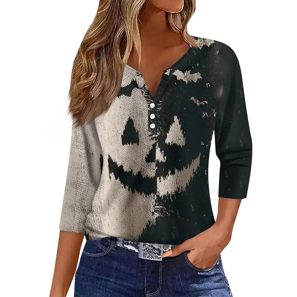 Women's Fashion Button-Up V-Neck Three-Quarter Sleeve Halloween Print Top