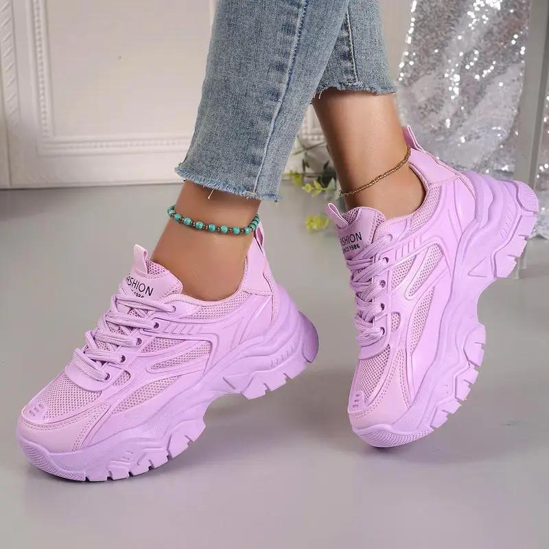 Spring Summer Purple Women Breathable Comfortable Thick Sole Casual Sneakers Fashion Hollow Mesh Lace Up Female Wedges Shoes
