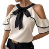 Women Elegant Cold Shoulder Bow Tie Short Sleeve Pullover Blouse