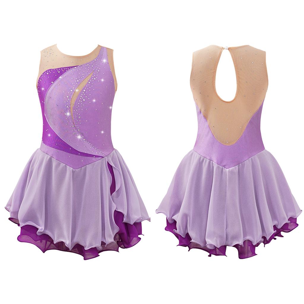 Girls' Figure Skating Dress Sleeveless Glitter Rhinestone Ballet Leotard Dress Competition Costume Gymnastics Suit