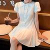 College style bubble sleeve shirt dress women's summer new temperament waist small sweet short skirt