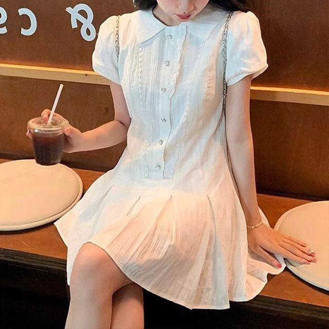 College style bubble sleeve shirt dress women's summer new temperament waist small sweet short skirt