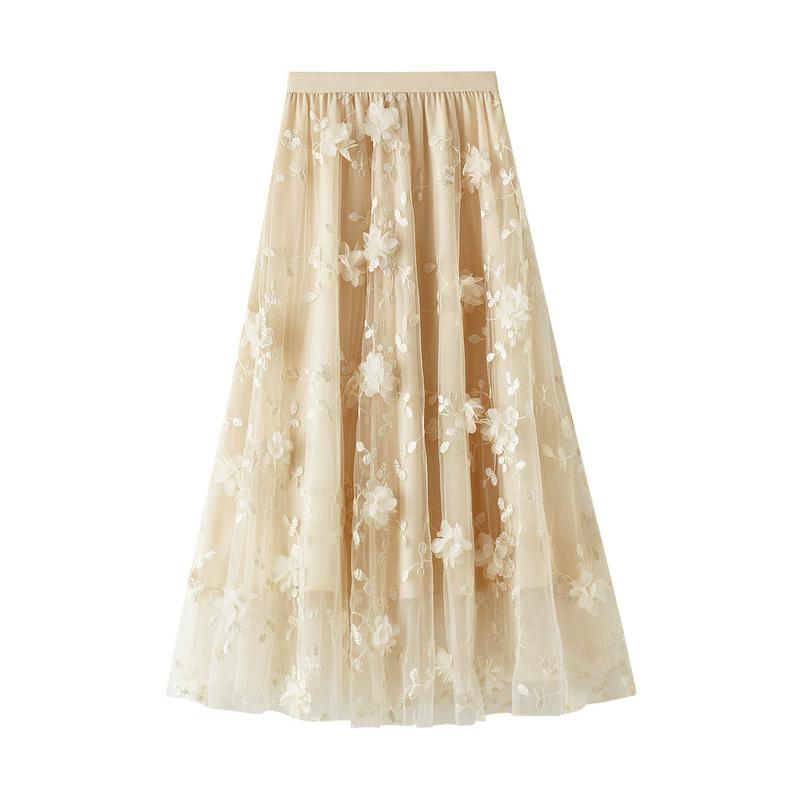 Mesh Embroidery Heavy Industry Half Length Skirt Large Size Yarn Skirt Spring A-line Artistic High Waist Long Skirt